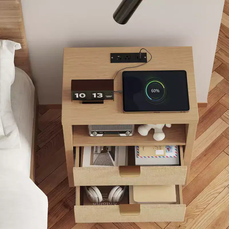 Natural Oak Nightstand With Charging Station 2 Drawer Wood Bedside Table Storage Shelf Modern Farmhouse Bedroom Furniture Accent Cabinet End Table