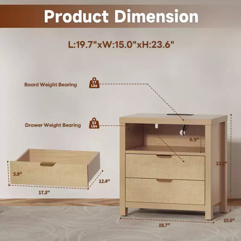 Natural Oak Nightstand With Charging Station 2 Drawer Wood Bedside Table Storage Shelf Modern Farmhouse Bedroom Furniture Accent Cabinet End Table