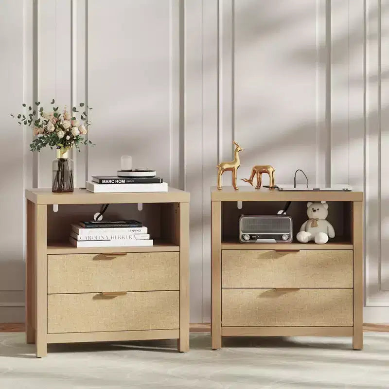 Natural Oak Nightstand With Charging Station 2 Drawer Wood Bedside Table Storage Shelf Modern Farmhouse Bedroom Furniture Accent Cabinet End Table