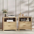 Natural Oak Nightstand With Charging Station 2 Drawer Wood Bedside Table Storage Shelf Modern Farmhouse Bedroom Furniture Accent Cabinet End Table