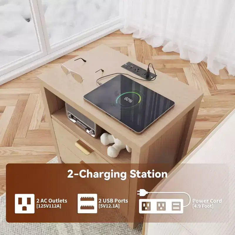 Natural Oak Nightstand With Charging Station 2 Drawer Wood Bedside Table Storage Shelf Modern Farmhouse Bedroom Furniture Accent Cabinet End Table