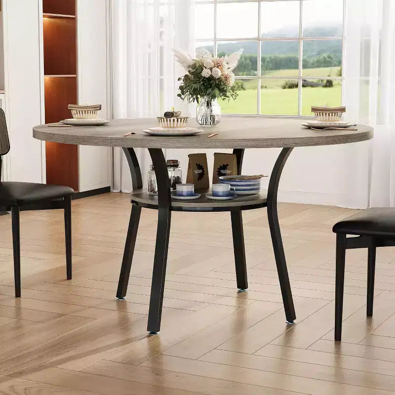Round Dining Table for 4-6, 47 Inch Kitchen Table with Storage, Wooden Circle Dinner Table with Metal Legs, Modern Dining Room Tables