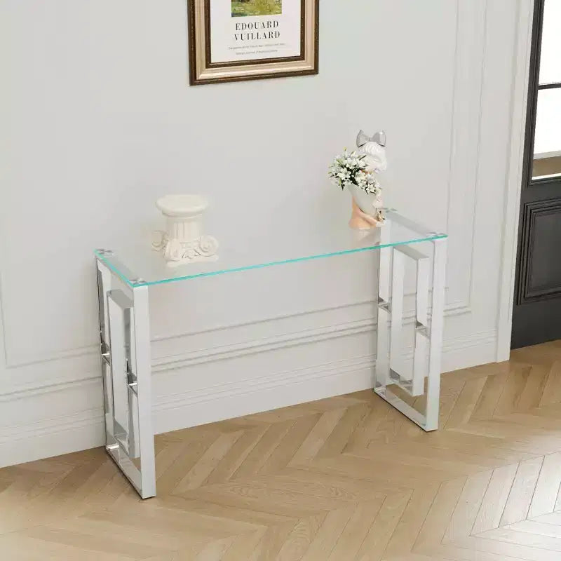MAYEERTY Modern Console Table, Transparent Glass Table with Stainless Steel Legs for Living Room Office Silver
