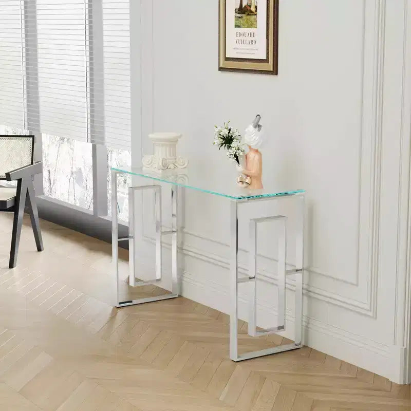 MAYEERTY Modern Console Table, Transparent Glass Table with Stainless Steel Legs for Living Room Office Silver