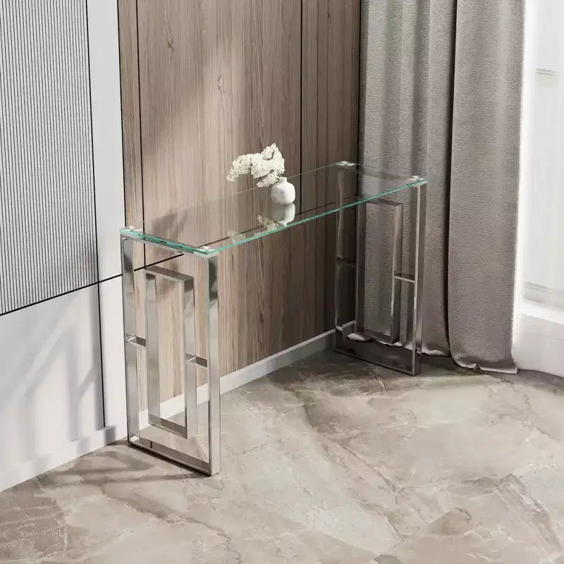 MAYEERTY Modern Console Table, Transparent Glass Table with Stainless Steel Legs for Living Room Office Silver