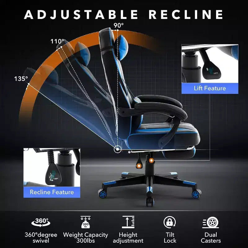 Acekool Sedia da gaming ergonomica per adulti, in pelle PU, massaggio lombare, poggiapiedi, regolabile, per ufficio o gaming