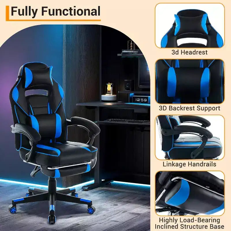 Acekool Sedia da gaming ergonomica per adulti, in pelle PU, massaggio lombare, poggiapiedi, regolabile, per ufficio o gaming