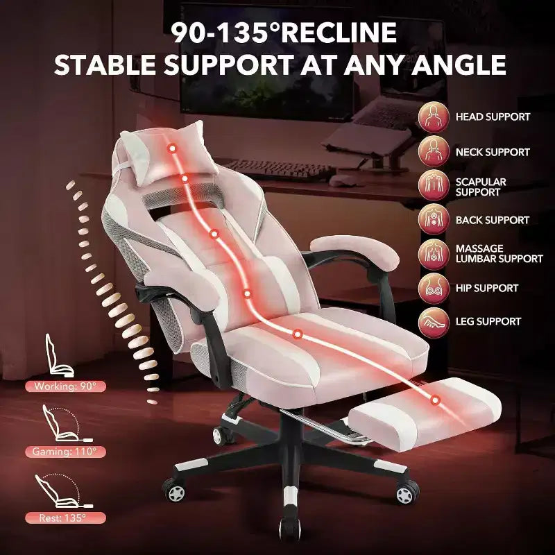 Acekool Sedia da gaming ergonomica per adulti, in pelle PU, massaggio lombare, poggiapiedi, regolabile, per ufficio o gaming