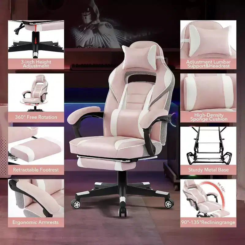 Acekool Sedia da gaming ergonomica per adulti, in pelle PU, massaggio lombare, poggiapiedi, regolabile, per ufficio o gaming