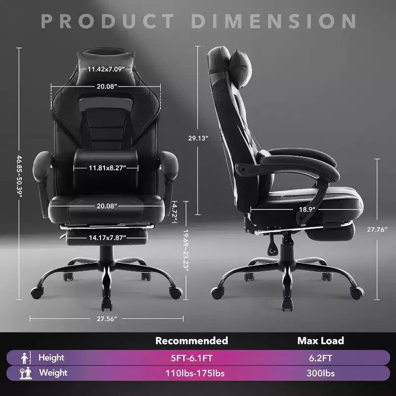 Acekool Sedia da gaming ergonomica per adulti, in pelle PU, massaggio lombare, poggiapiedi, regolabile, per ufficio o gaming