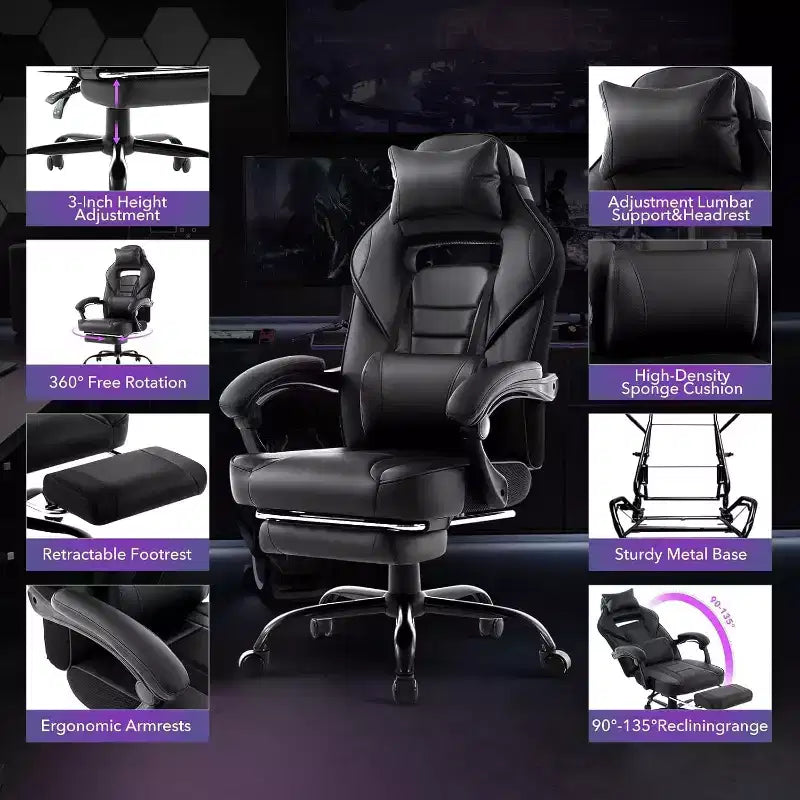 Acekool Sedia da gaming ergonomica per adulti, in pelle PU, massaggio lombare, poggiapiedi, regolabile, per ufficio o gaming
