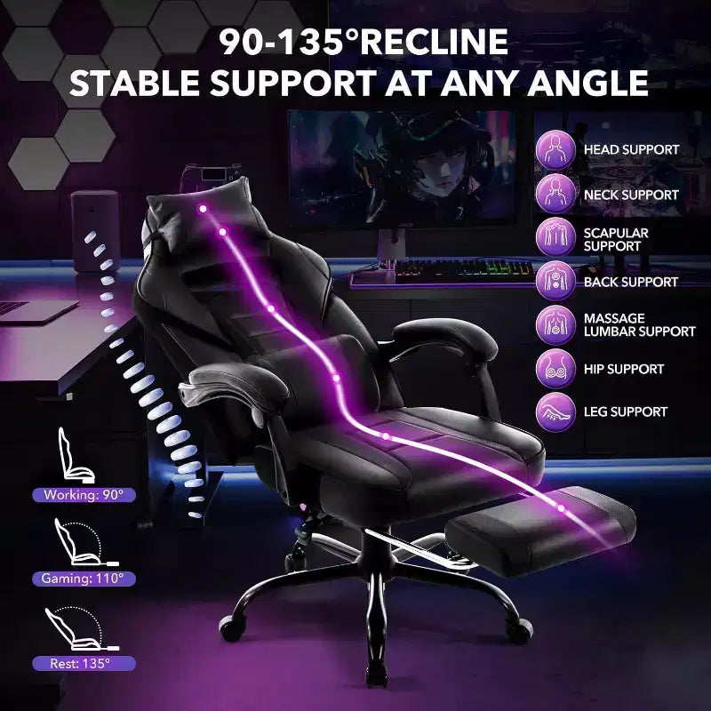 Acekool Sedia da gaming ergonomica per adulti, in pelle PU, massaggio lombare, poggiapiedi, regolabile, per ufficio o gaming