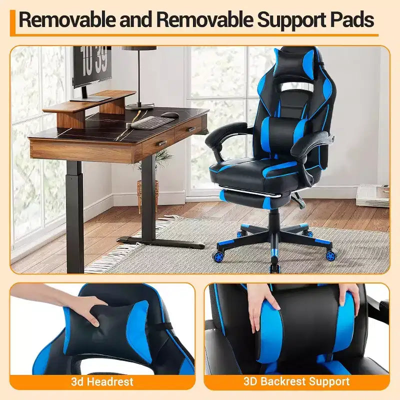 Acekool Sedia da gaming ergonomica per adulti, in pelle PU, massaggio lombare, poggiapiedi, regolabile, per ufficio o gaming