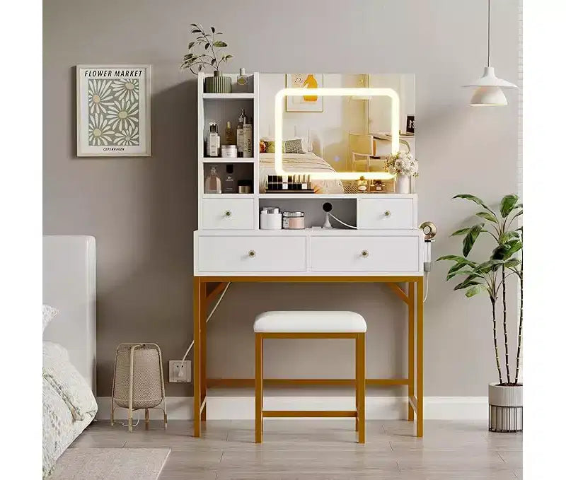 Vanity Desk with Mirror, Makeup Vanity TableModern Dressing Table and Stool with Charging Station, 4 Drawers and 2 Open Shelves