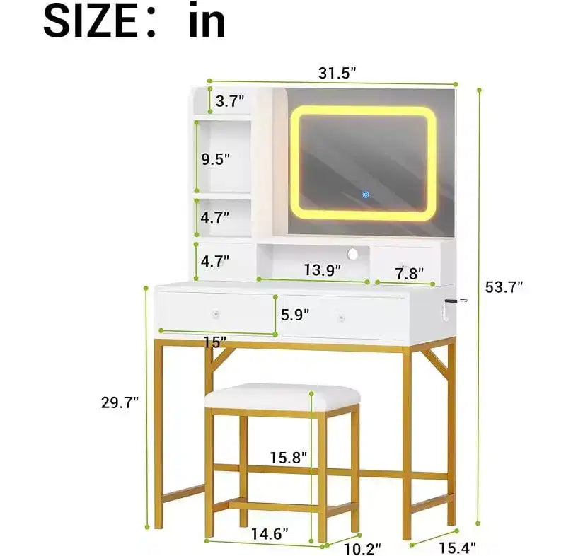 Vanity Desk with Mirror, Makeup Vanity TableModern Dressing Table and Stool with Charging Station, 4 Drawers and 2 Open Shelves