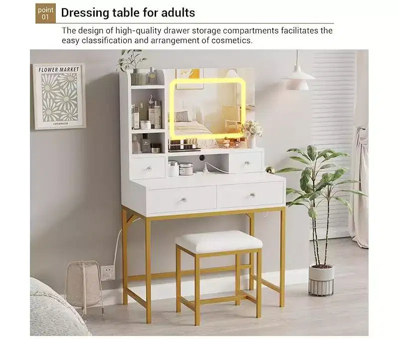 Vanity Desk with Mirror, Makeup Vanity TableModern Dressing Table and Stool with Charging Station, 4 Drawers and 2 Open Shelves
