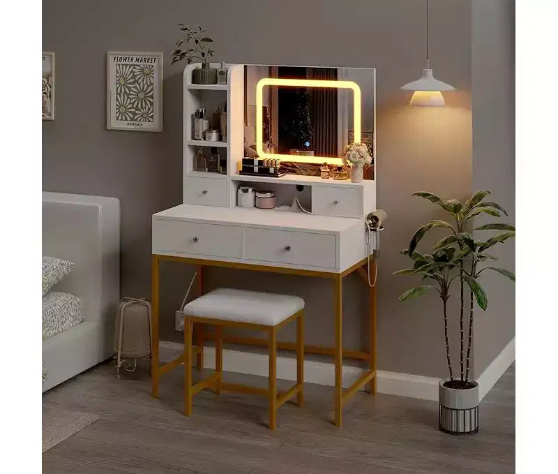 Vanity Desk with Mirror, Makeup Vanity TableModern Dressing Table and Stool with Charging Station, 4 Drawers and 2 Open Shelves