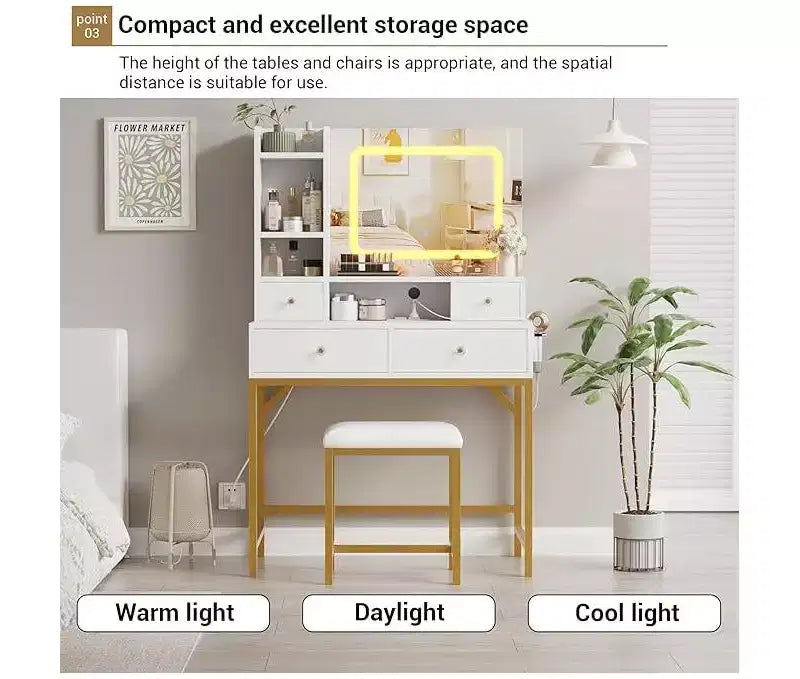 Vanity Desk with Mirror, Makeup Vanity TableModern Dressing Table and Stool with Charging Station, 4 Drawers and 2 Open Shelves