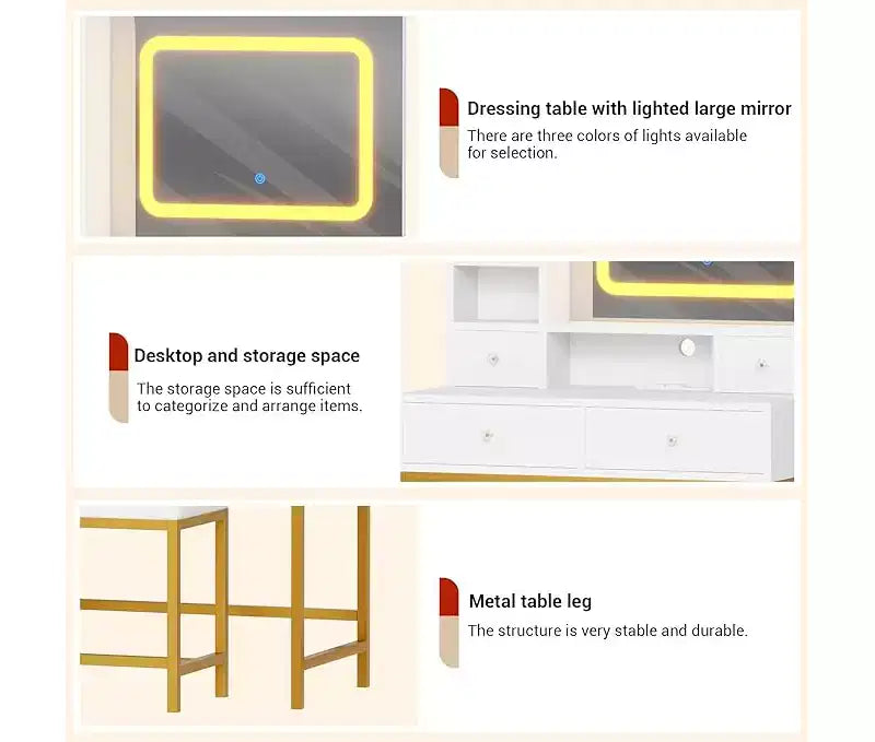 Vanity Desk with Mirror, Makeup Vanity TableModern Dressing Table and Stool with Charging Station, 4 Drawers and 2 Open Shelves