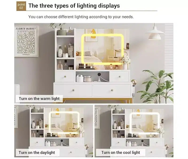 Vanity Desk with Mirror, Makeup Vanity TableModern Dressing Table and Stool with Charging Station, 4 Drawers and 2 Open Shelves