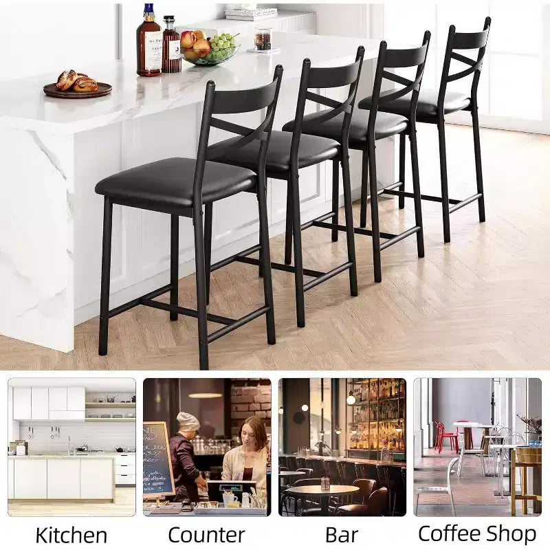 Bar Stools Counter Height Barstools with Footrest and Back, Modern Upholstered Bar Chairs, Metal Bar Stools for Kitchen Counter, Island, Counter Bar