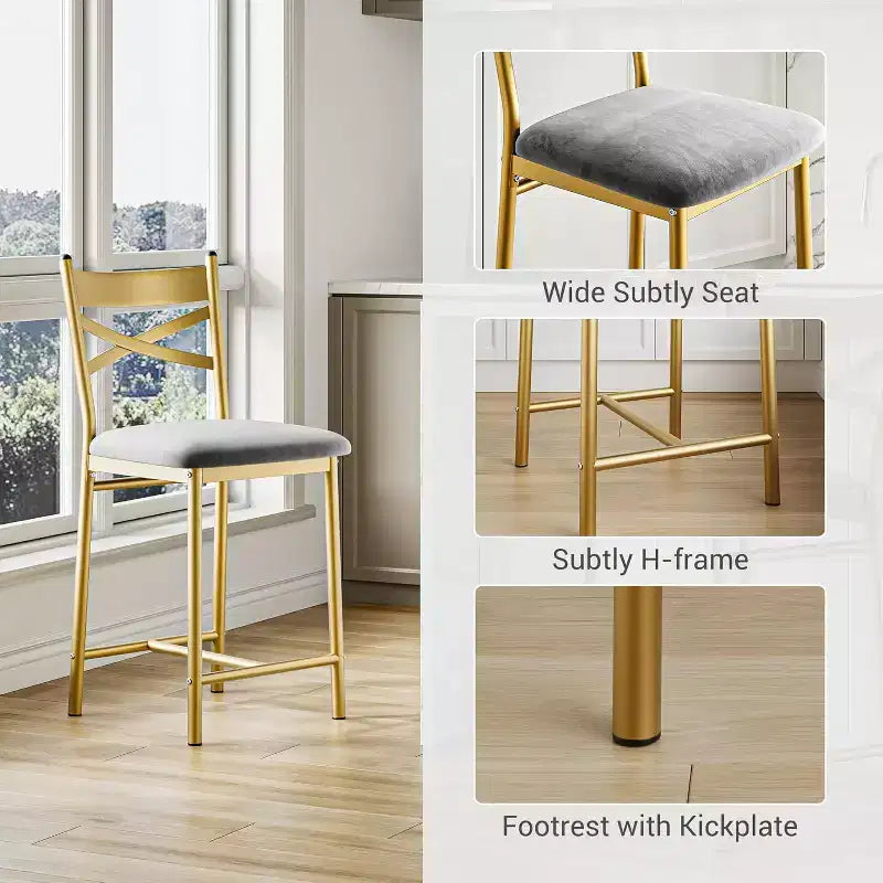 Bar Stools Counter Height Barstools with Footrest and Back, Modern Upholstered Bar Chairs, Metal Bar Stools for Kitchen Counter, Island, Counter Bar