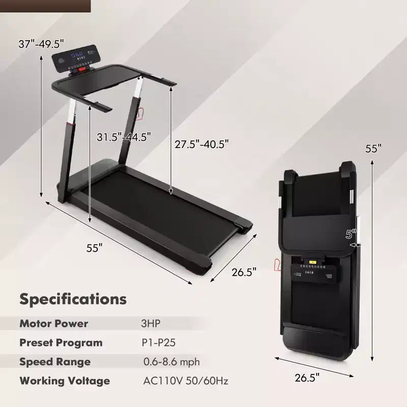 Gymax Folding Treadmill Max 3HP Walking Running Jogging Exercise Machine w/ LED Display Height Adjustable Handrail Dual Bluetooth Speaker