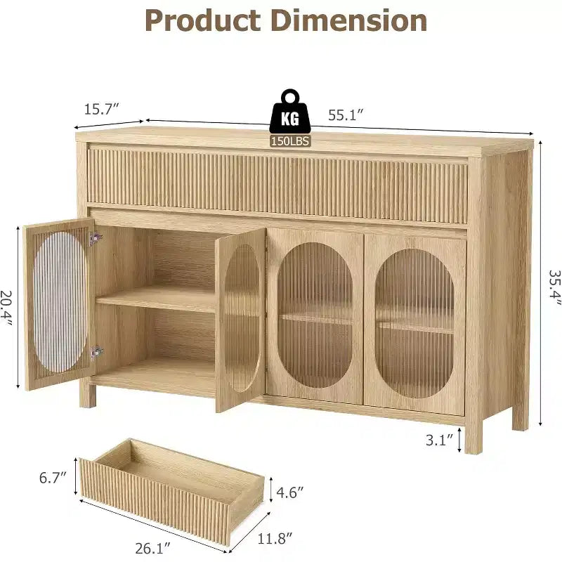 Acekool Mobile Buffet da 55 Pollici con Ante in Vetro e Cassetti Scanalati, Credenza per Sala da Pranzo, Cucina, Salotto, Naturale