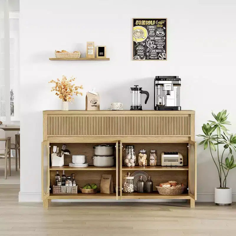 Acekool Mobile Buffet da 55 Pollici con Ante in Vetro e Cassetti Scanalati, Credenza per Sala da Pranzo, Cucina, Salotto, Naturale