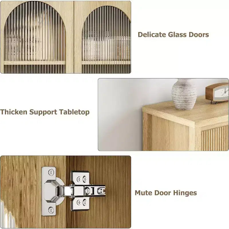 Acekool Mobile Buffet da 55 Pollici con Ante in Vetro e Cassetti Scanalati, Credenza per Sala da Pranzo, Cucina, Salotto, Naturale