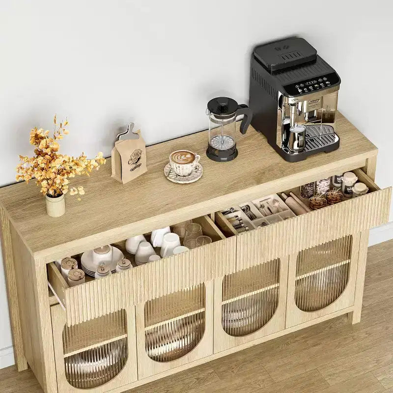 Acekool Mobile Buffet da 55 Pollici con Ante in Vetro e Cassetti Scanalati, Credenza per Sala da Pranzo, Cucina, Salotto, Naturale