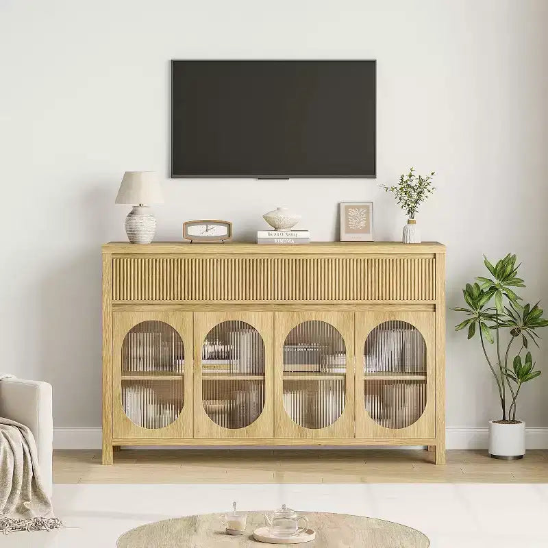 Acekool Mobile Buffet da 55 Pollici con Ante in Vetro e Cassetti Scanalati, Credenza per Sala da Pranzo, Cucina, Salotto, Naturale