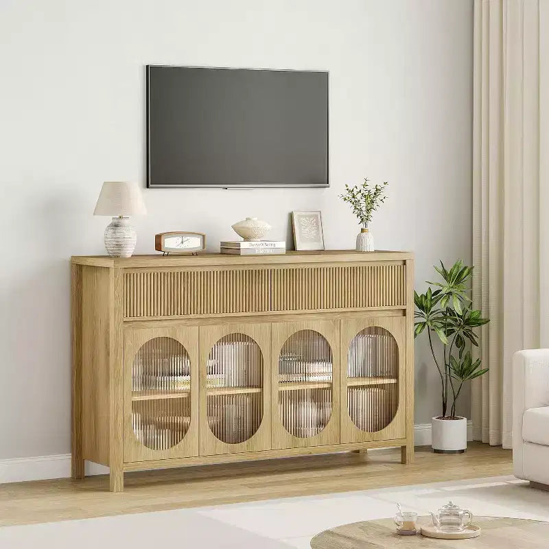 Acekool Mobile Buffet da 55 Pollici con Ante in Vetro e Cassetti Scanalati, Credenza per Sala da Pranzo, Cucina, Salotto, Naturale