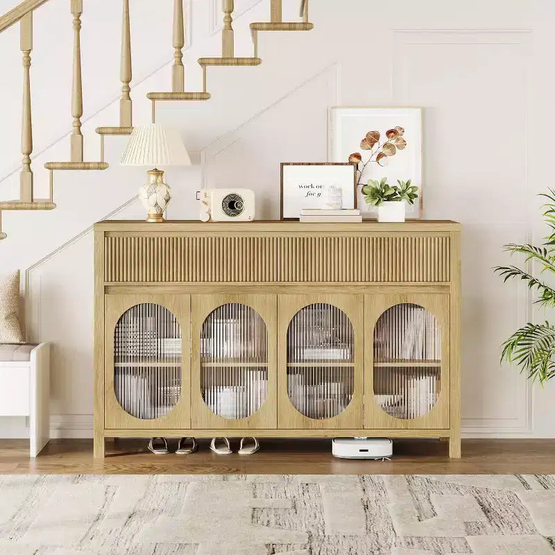 Acekool Mobile Buffet da 55 Pollici con Ante in Vetro e Cassetti Scanalati, Credenza per Sala da Pranzo, Cucina, Salotto, Naturale