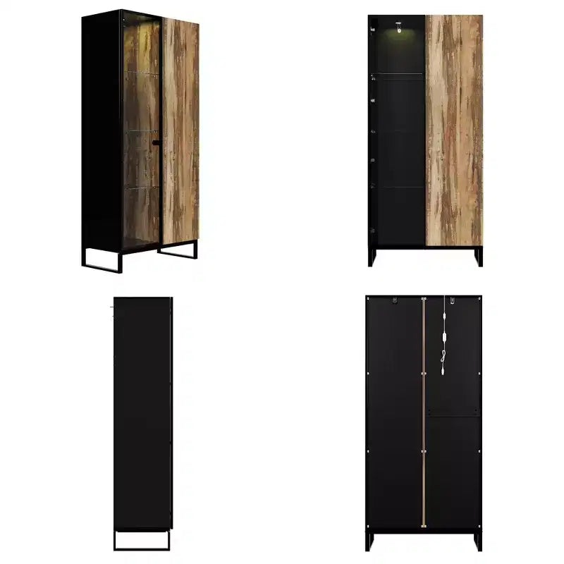 Hitow Mobile Espositore Illuminato a LED Libreria in Vetro con Ante in Legno Elegante Mobile Contenitore per Decorazioni e Libri Armadietto Autoportante