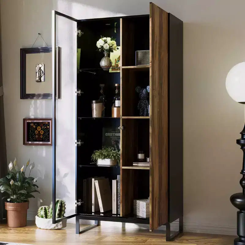 Hitow Mobile Espositore Illuminato a LED Libreria in Vetro con Ante in Legno Elegante Mobile Contenitore per Decorazioni e Libri Armadietto Autoportante