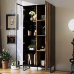 Hitow Mobile Espositore Illuminato a LED Libreria in Vetro con Ante in Legno Elegante Mobile Contenitore per Decorazioni e Libri Armadietto Autoportante