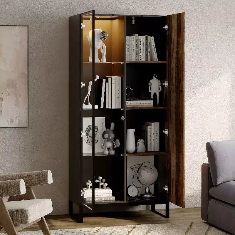 Hitow Mobile Espositore Illuminato a LED Libreria in Vetro con Ante in Legno Elegante Mobile Contenitore per Decorazioni e Libri Armadietto Autoportante