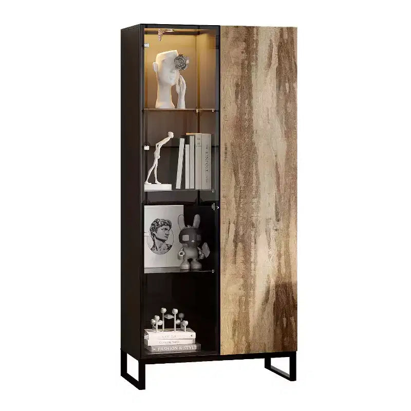 Hitow Mobile Espositore Illuminato a LED Libreria in Vetro con Ante in Legno Elegante Mobile Contenitore per Decorazioni e Libri Armadietto Autoportante