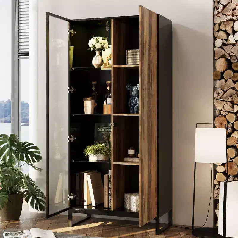 Hitow Mobile Espositore Illuminato a LED Libreria in Vetro con Ante in Legno Elegante Mobile Contenitore per Decorazioni e Libri Armadietto Autoportante