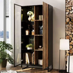 Hitow Mobile Espositore Illuminato a LED Libreria in Vetro con Ante in Legno Elegante Mobile Contenitore per Decorazioni e Libri Armadietto Autoportante
