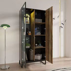 Hitow Mobile Espositore Illuminato a LED Libreria in Vetro con Ante in Legno Elegante Mobile Contenitore per Decorazioni e Libri Armadietto Autoportante