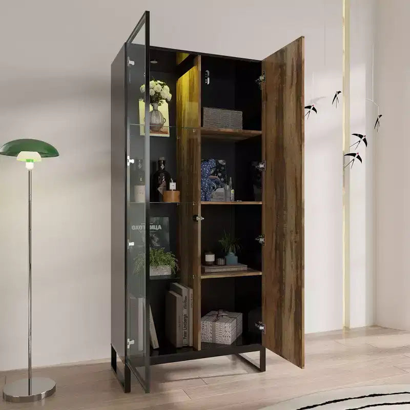 Hitow Mobile Espositore Illuminato a LED Libreria in Vetro con Ante in Legno Elegante Mobile Contenitore per Decorazioni e Libri Armadietto Autoportante