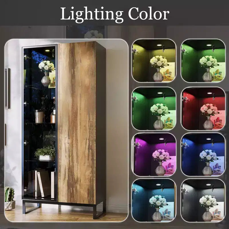 Hitow Mobile Espositore Illuminato a LED Libreria in Vetro con Ante in Legno Elegante Mobile Contenitore per Decorazioni e Libri Armadietto Autoportante