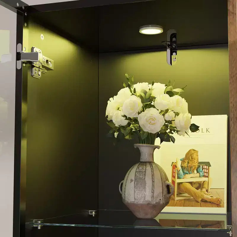Hitow Mobile Espositore Illuminato a LED Libreria in Vetro con Ante in Legno Elegante Mobile Contenitore per Decorazioni e Libri Armadietto Autoportante