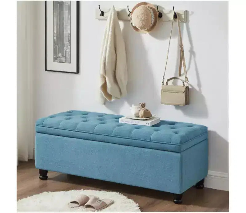 Storage Ottoman Bench with Sturdy Wood FrameLinen Button, Upholstered Faux Leather, Bedroom Storage Bench for Living Room or Bedroom
