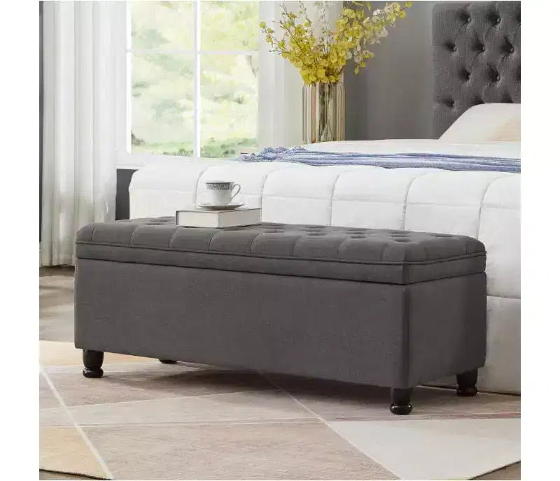 Storage Ottoman Bench with Sturdy Wood FrameLinen Button, Upholstered Faux Leather, Bedroom Storage Bench for Living Room or Bedroom