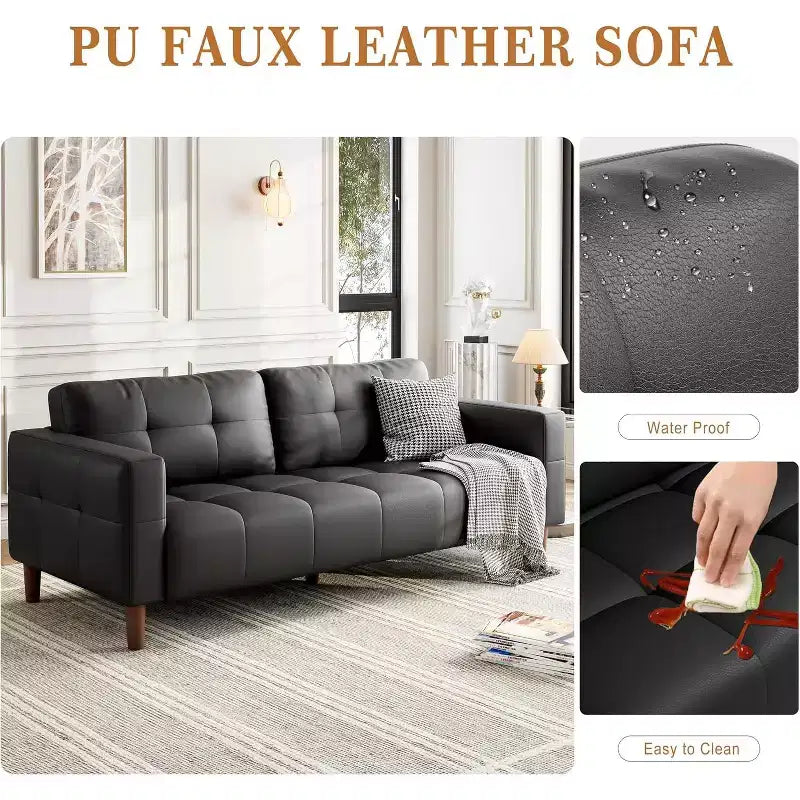 Acekool Faux Leather 83 3-Seater Sofa Couch, Modern Deep Seat Sofa with Spring Cushions for Living Room or Office