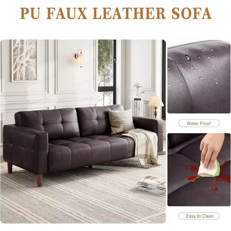 Acekool Faux Leather 83 3-Seater Sofa Couch, Modern Deep Seat Sofa with Spring Cushions for Living Room or Office