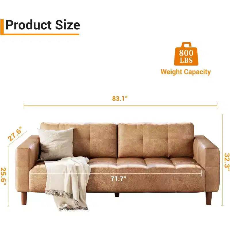 Acekool Faux Leather 83 3-Seater Sofa Couch, Modern Deep Seat Sofa with Spring Cushions for Living Room or Office